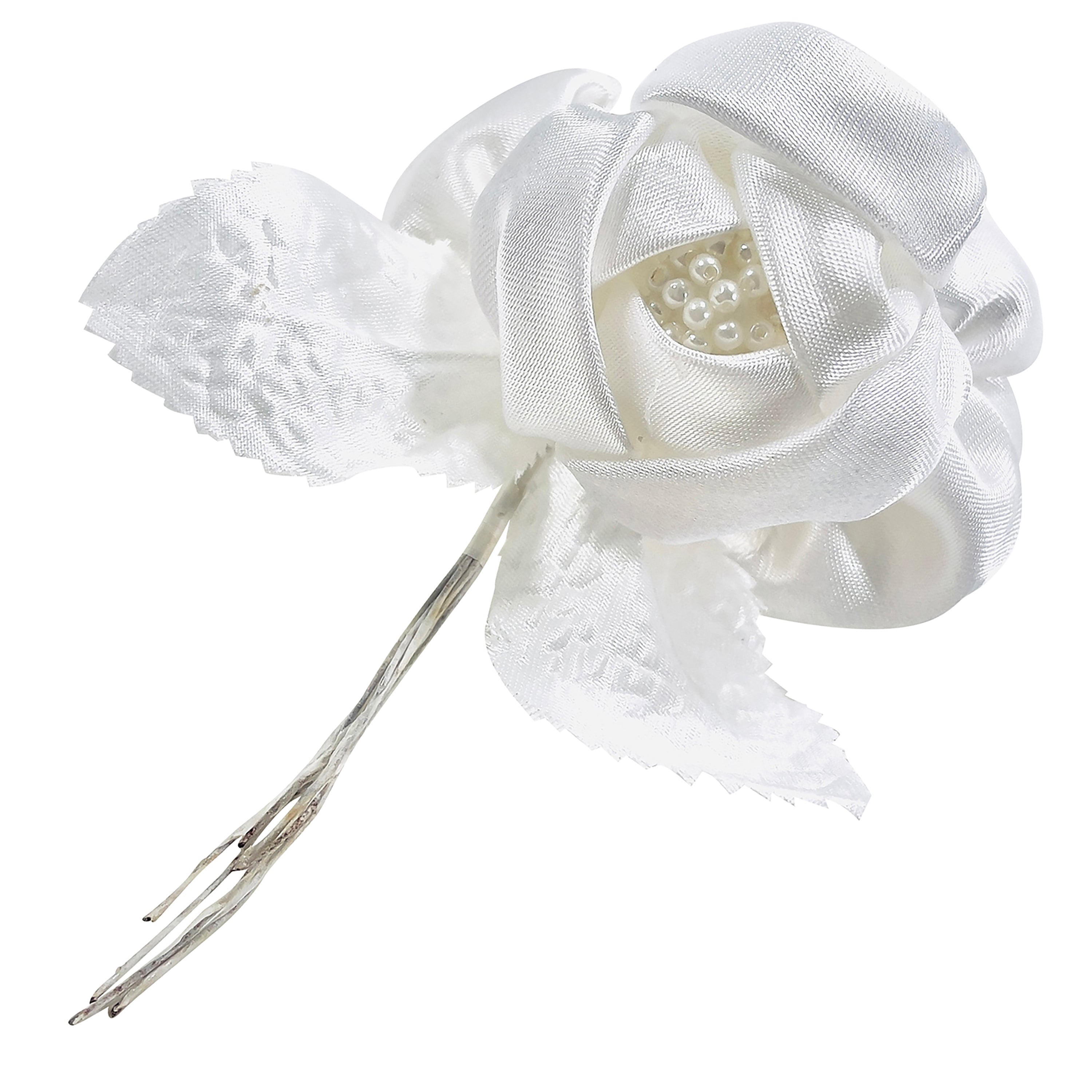 Vintage Satin Rose with Pearls Stem White Bridal