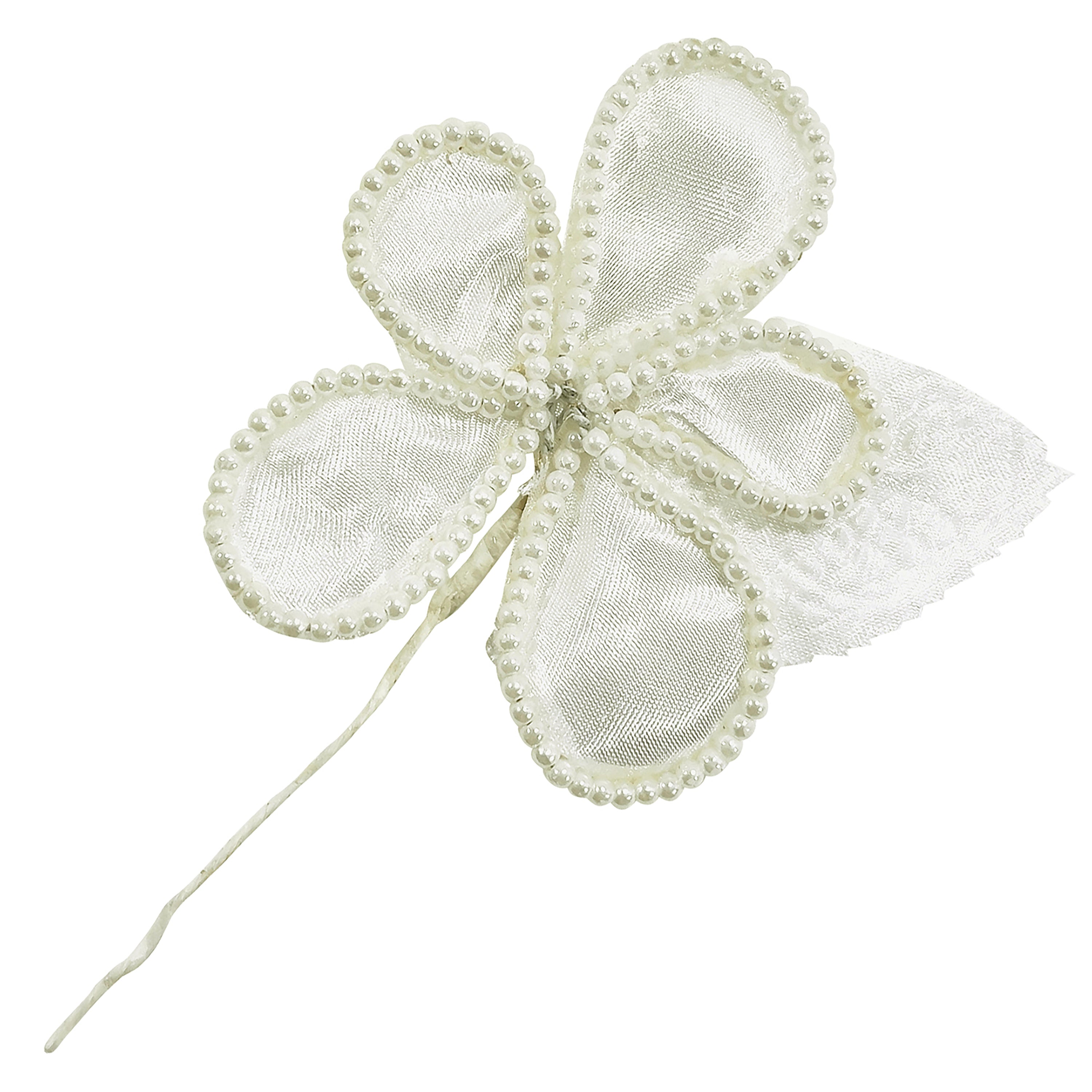 Vintage Bridal Satin Pearl Loop Flower with Leaves Ivory Floral Components