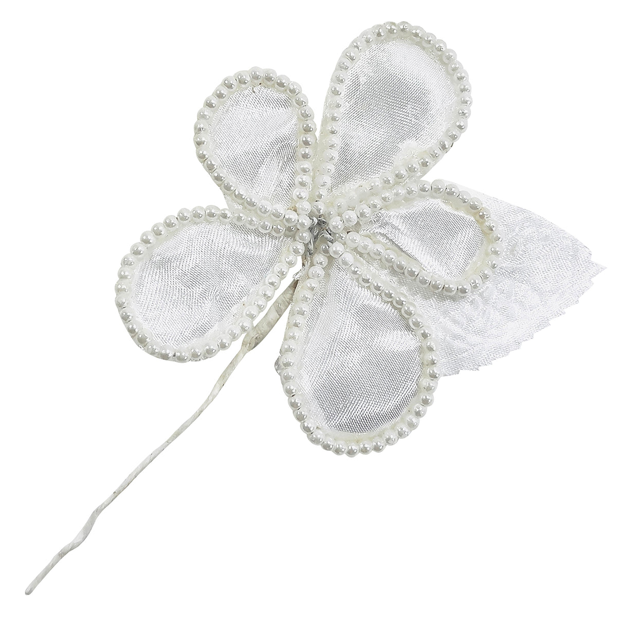 Vintage Bridal Satin Pearl Loop Flower with Leaves White Floral Components