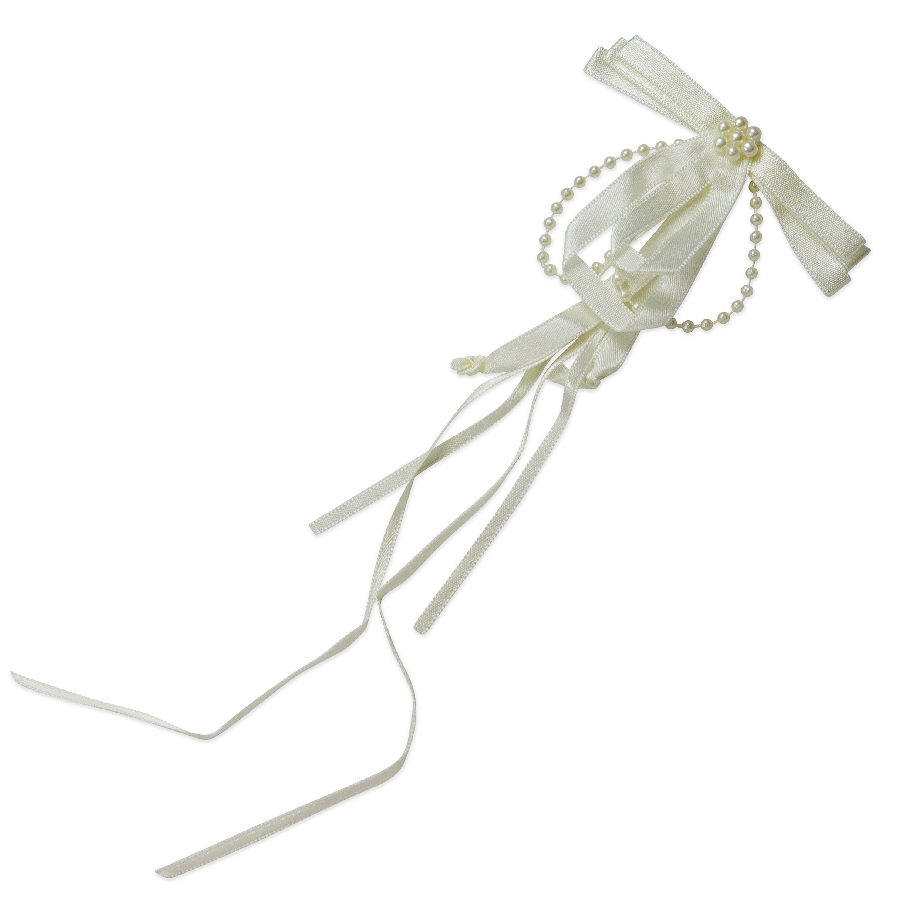 Vintage Satin Bow with Streamers and Pearls Applique - Ivory Bridal