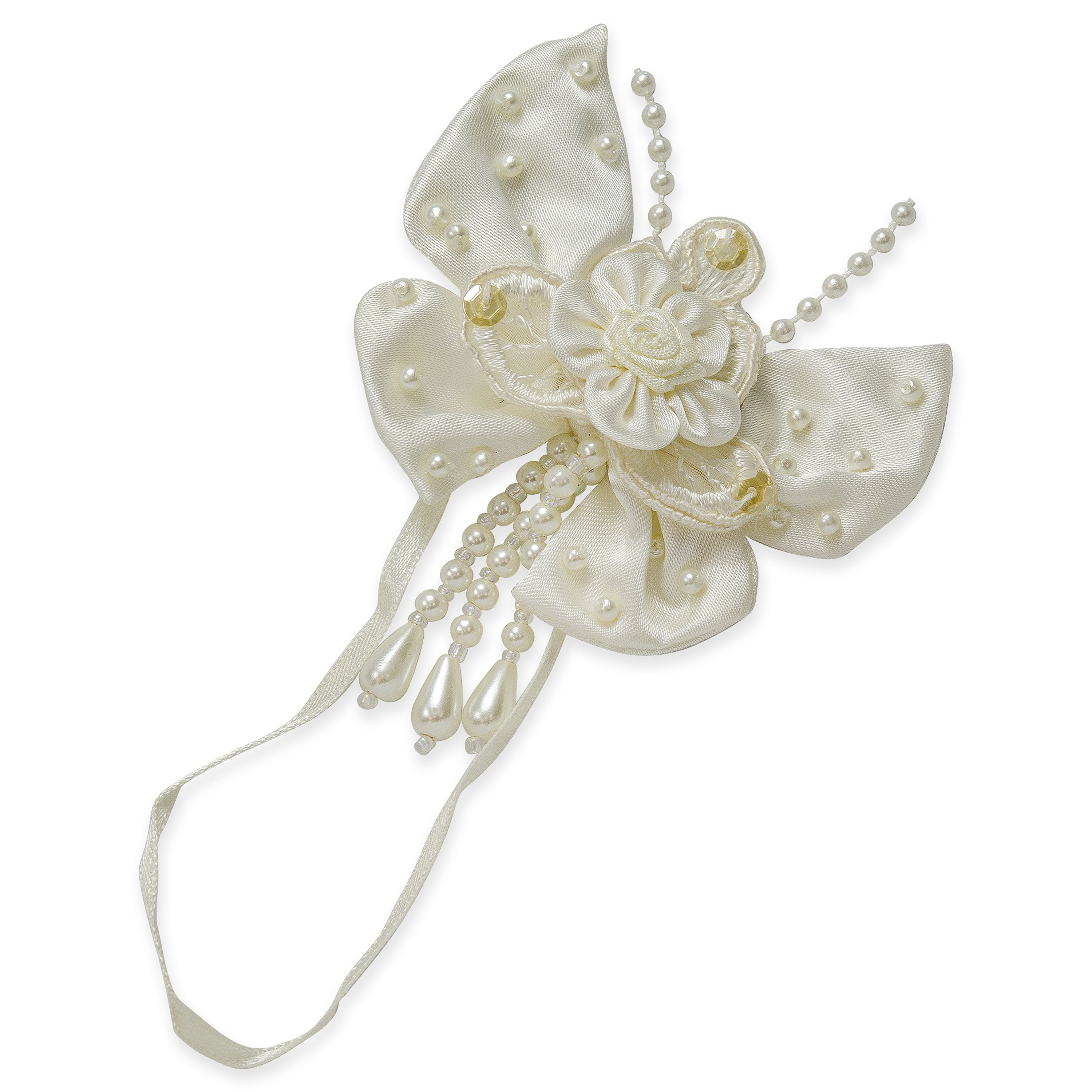 Vintage Bridal Flower Bow with Dangles Ornament Applique Ivory Bridal