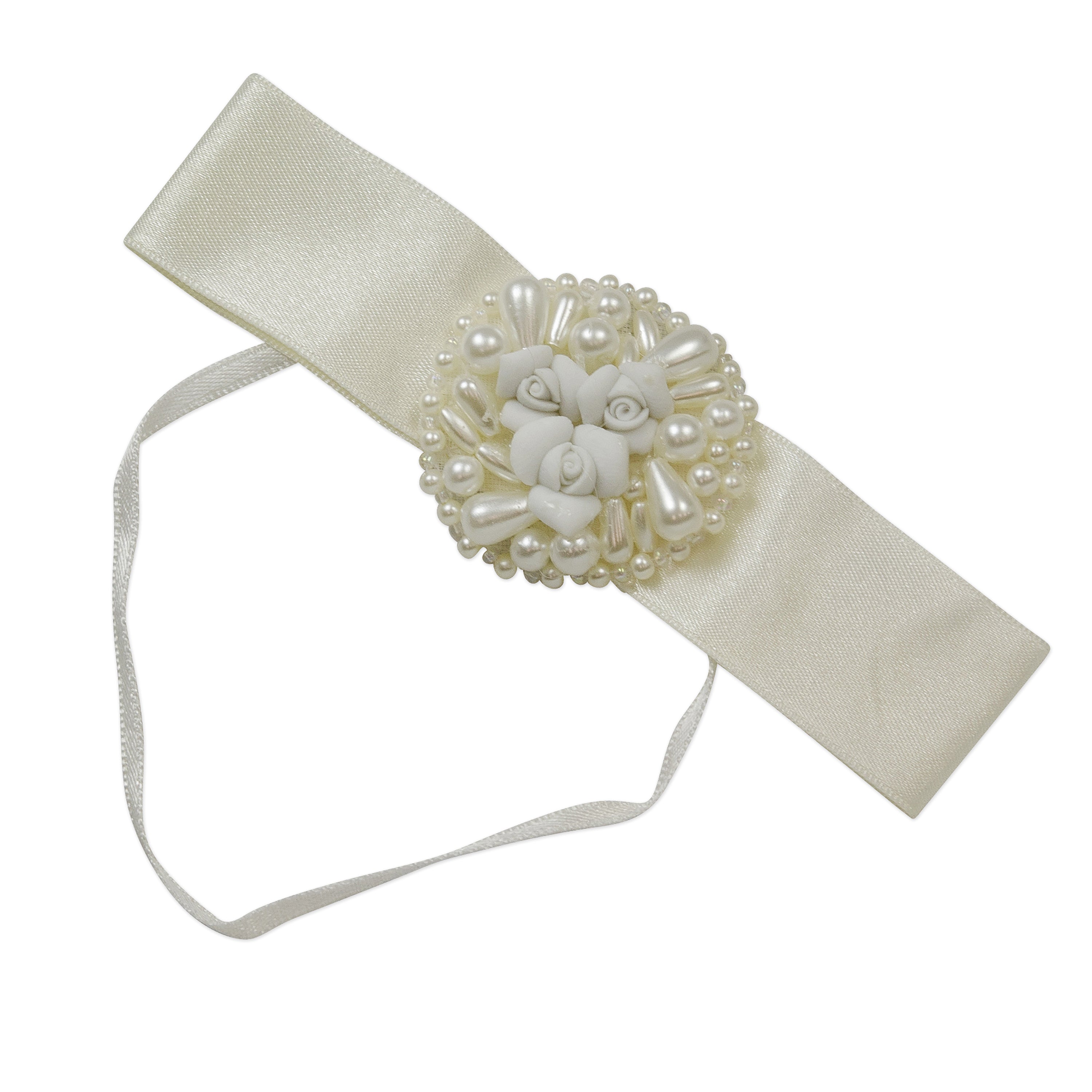Vintage Bridal Bow with Pearls and Flower Applique - Ivory Bridal
