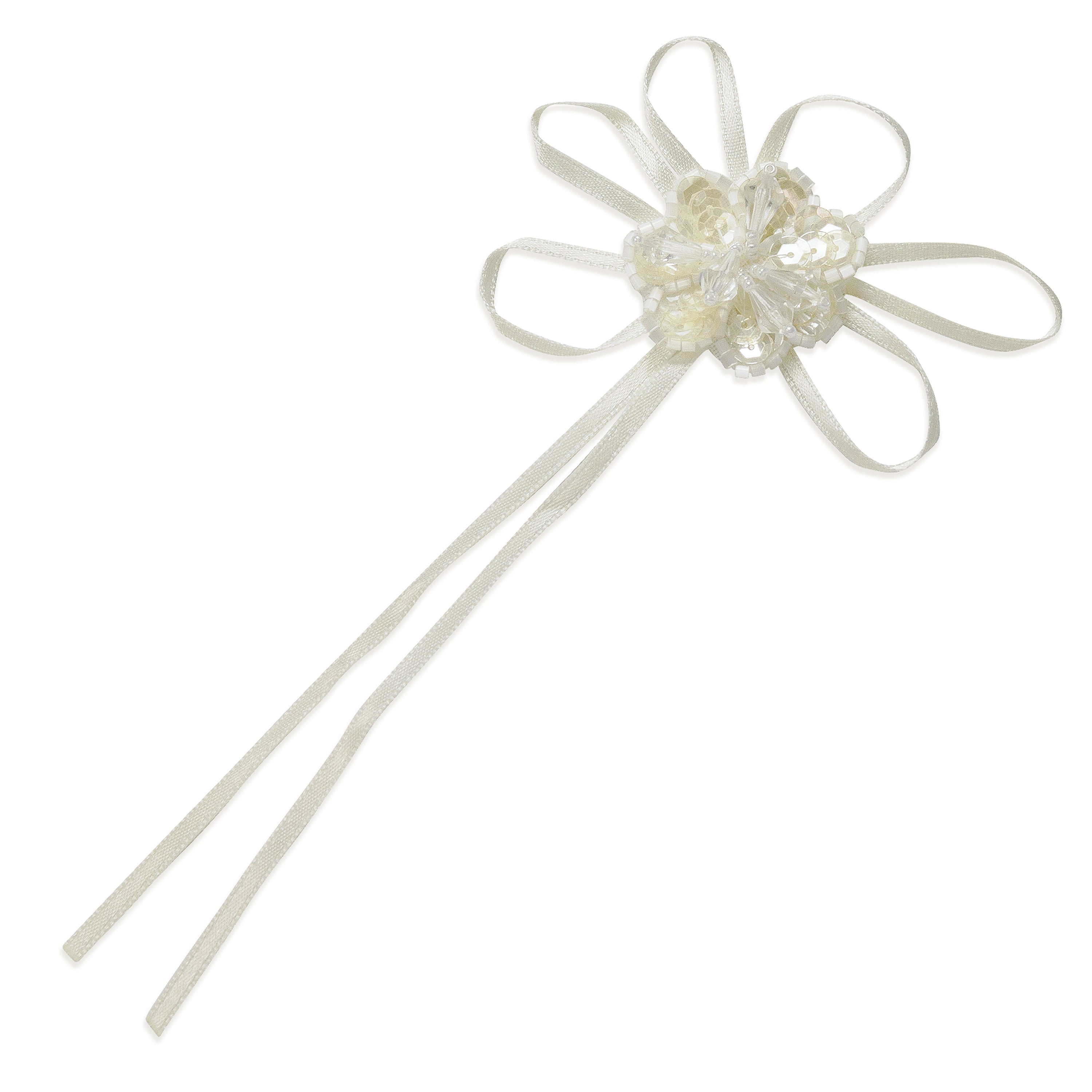 Vintage Sequin Daisy Flower with Ribbon Applique Ivory Bridal