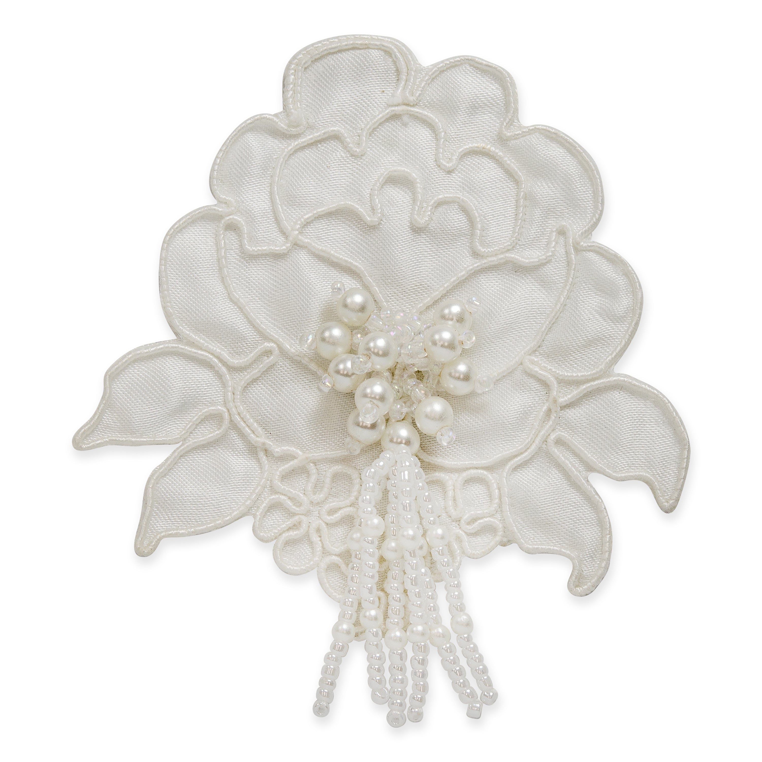 Vintage Bridal Fabric Rose with Pearl Dangles Applique - White Lace, Ribbon & Pearl Appliques