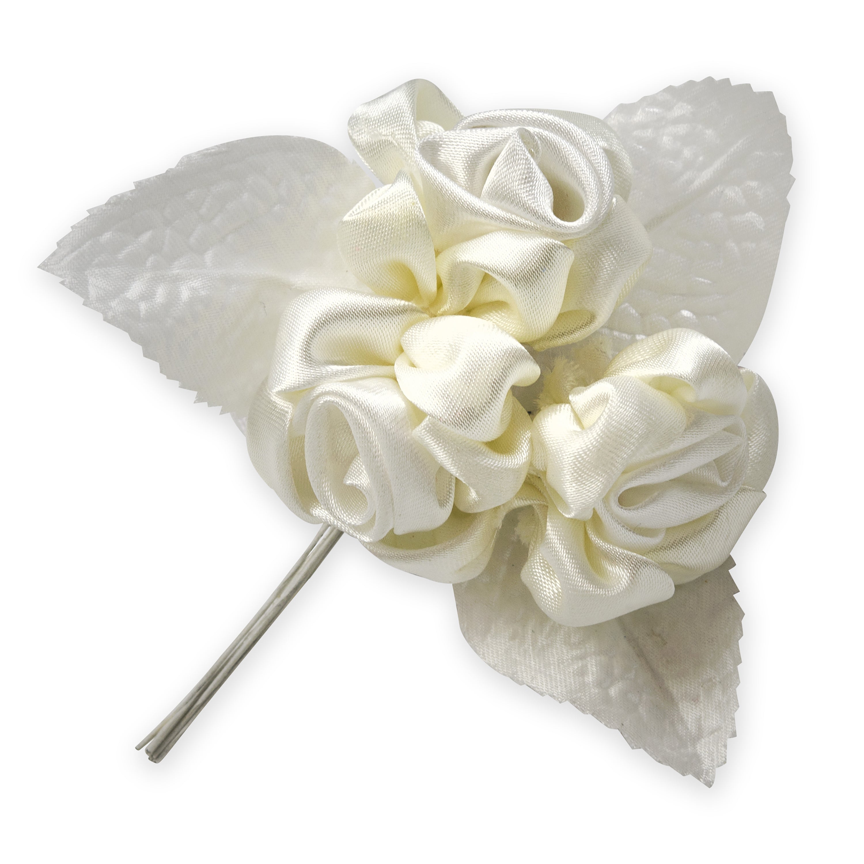 Vintage Bridal Satin Roses with Leaves Stem Ivory Floral Components