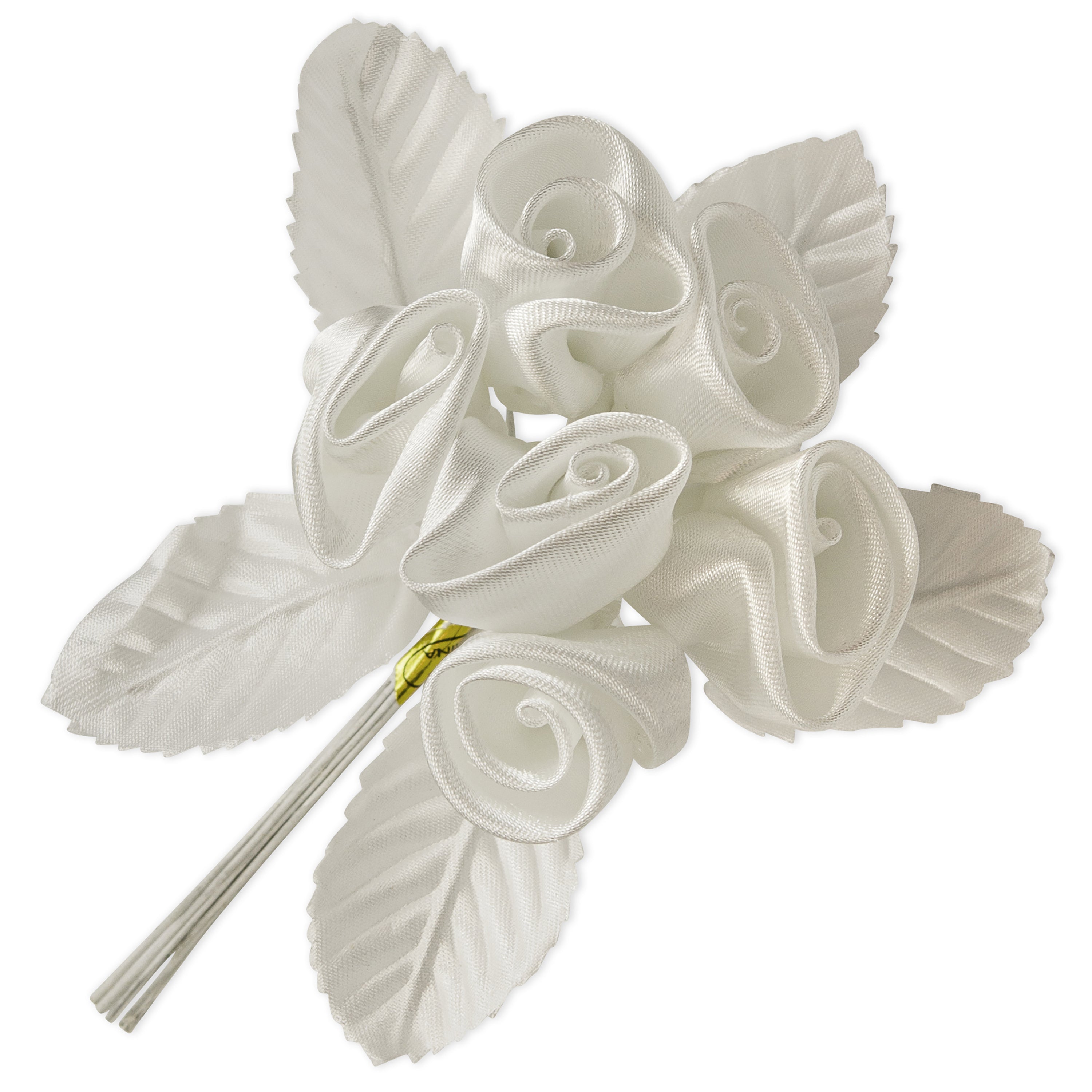 Vintage Bridal Satin Rose Buds with Leaves Stem Ivory Floral Components