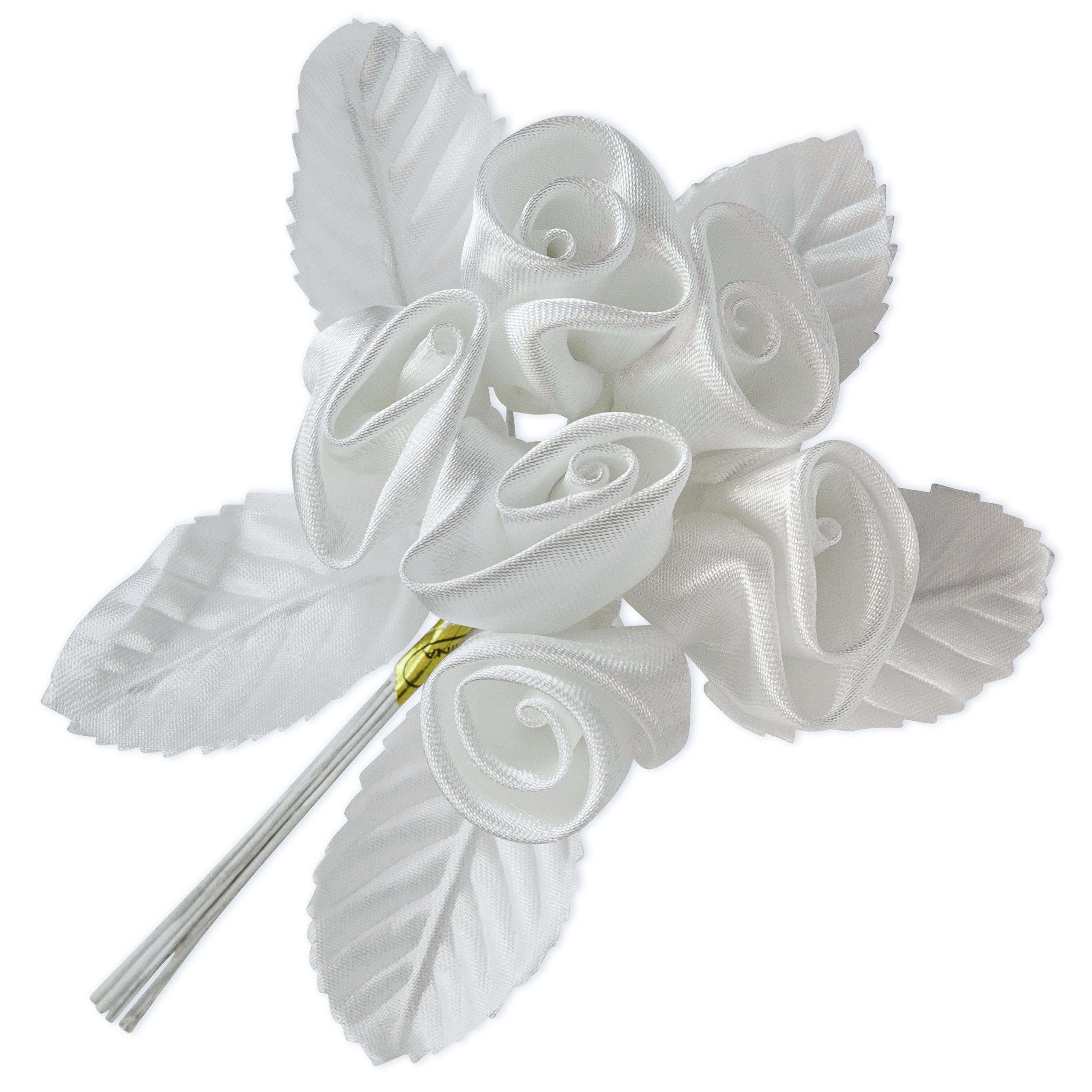 Vintage Bridal Satin Rose Buds with Leaves Stem White Floral Components