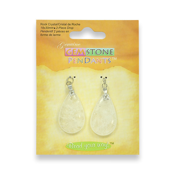 Rock Crystal Drop Pendants - 18x30mm - 2 pcs. - Natural Rock Crystal Beads
