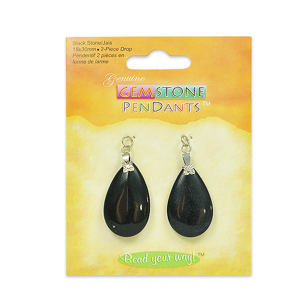 Black Stone Drop Pendants - 18x30mm - 2 pcs. - Natural Blackstone Beads