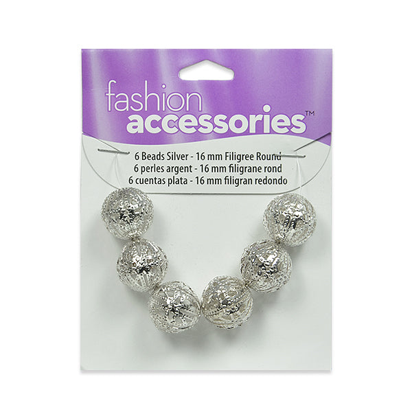 Filigree Metal 16mm Beads Silver Pack of 6 Metal Beads
