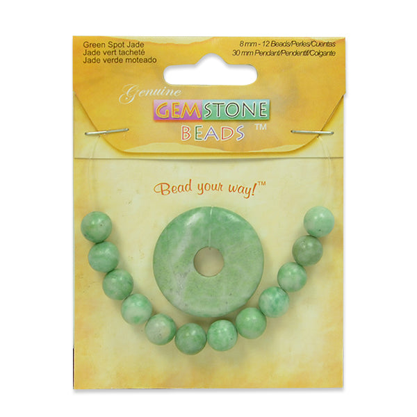 Spotted Jade Pedant With 8mm Beads - Green - 13 pcs. - Natural Gemstone Beads