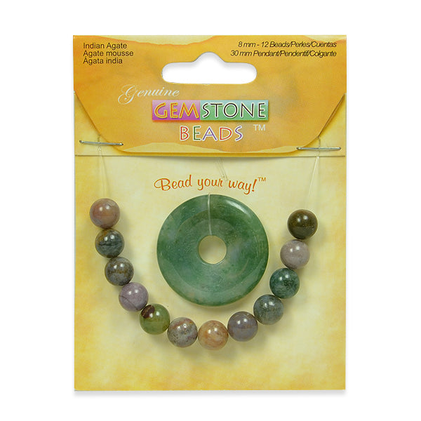 Indian Agate Pendant With 8mm Beads - 13 pcs. - Natural Agate Beads