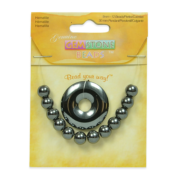 Hematite Gemstone Beads & Pendant - 8mm - 13 pcs. - Natural Hematite Beads