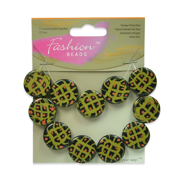 Tribal Print Acrylic Beads Pack of 11 - Olive Multi Acrylic & Resin Beads