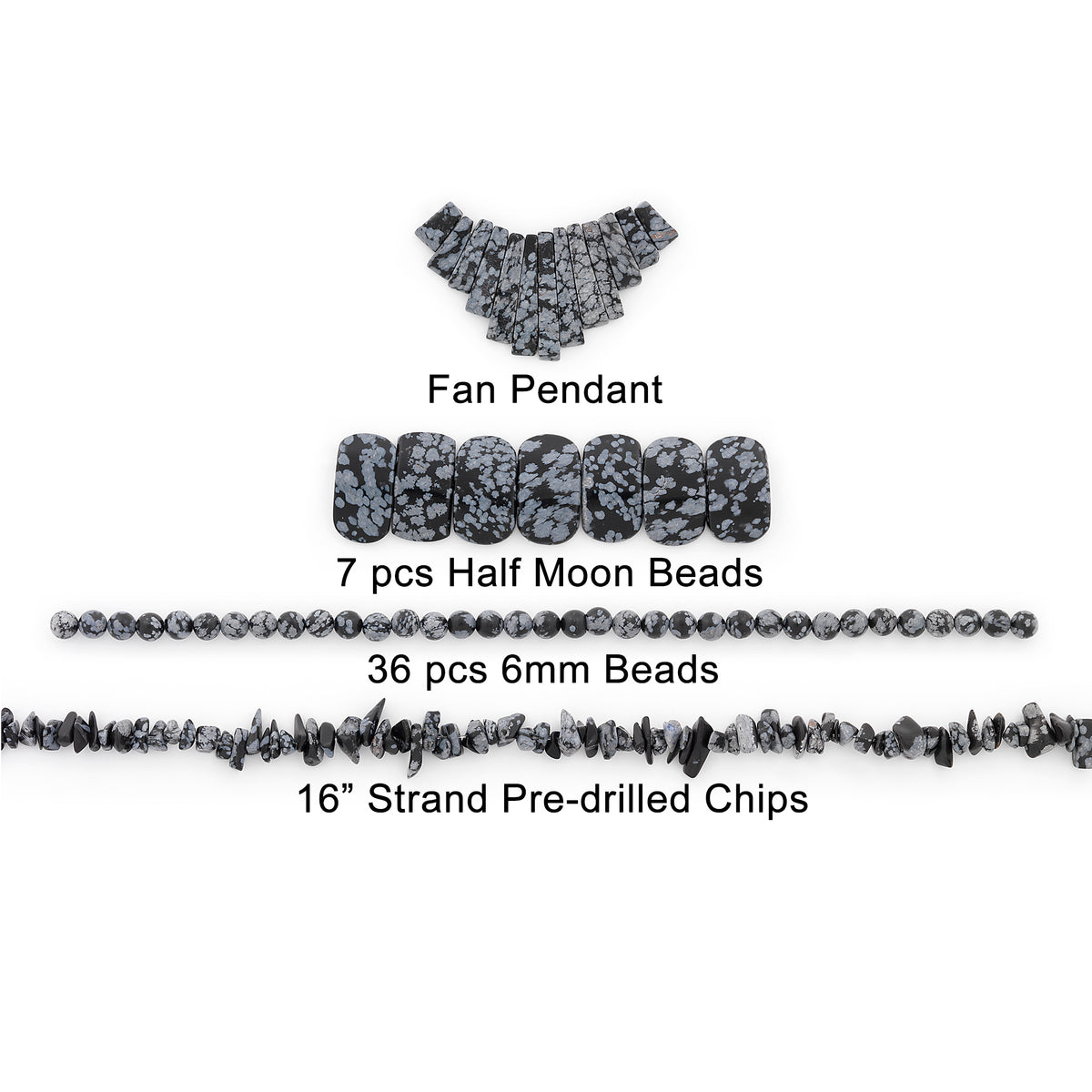 Snowflake Obsidian Natural Gemstone Beads and Pendant Collection Value Pack - Black Multi Jewelry Beads