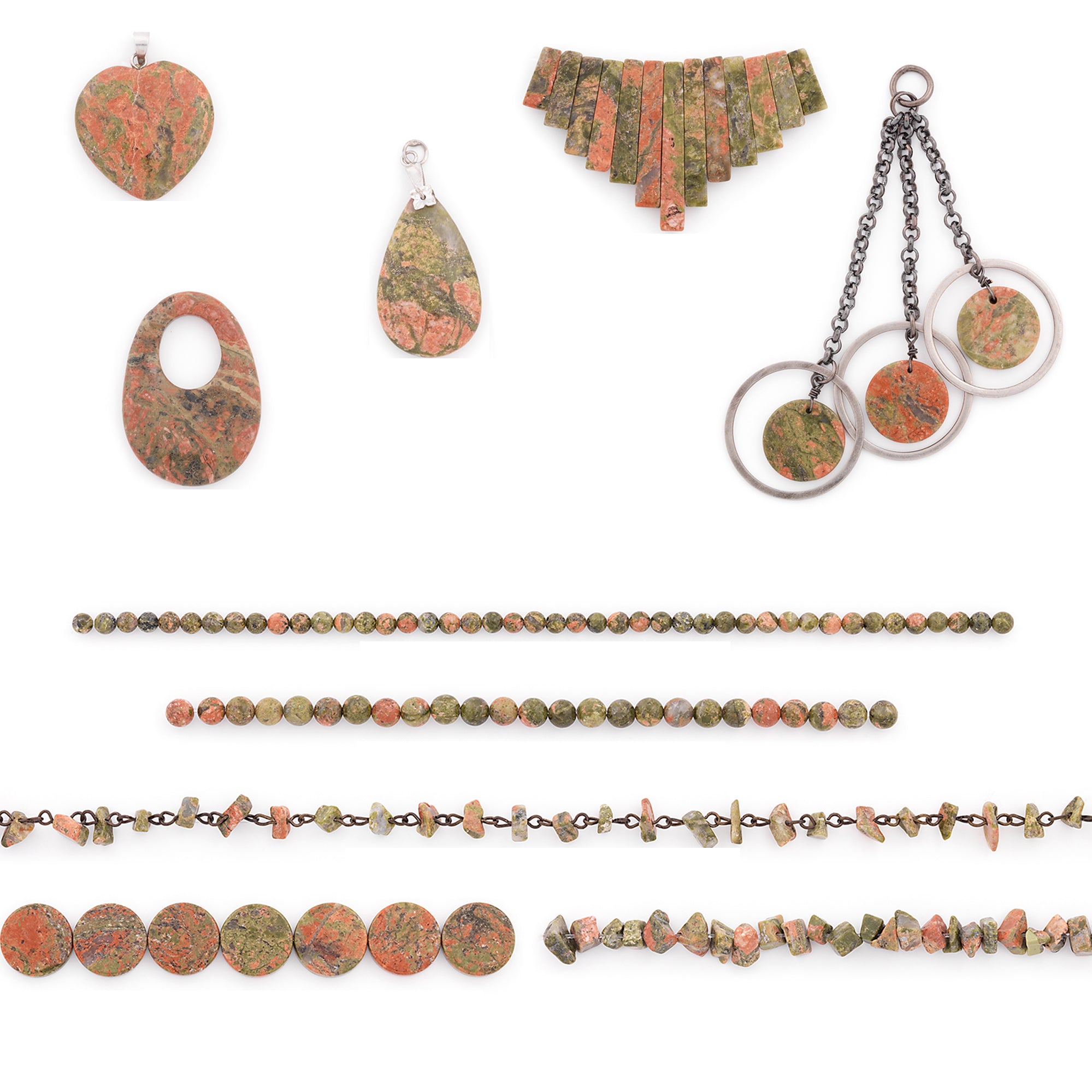 Unakite Natural Gemstone Beads and Pendants Collection - Value Pack - Multi Colors Jewelry Beads