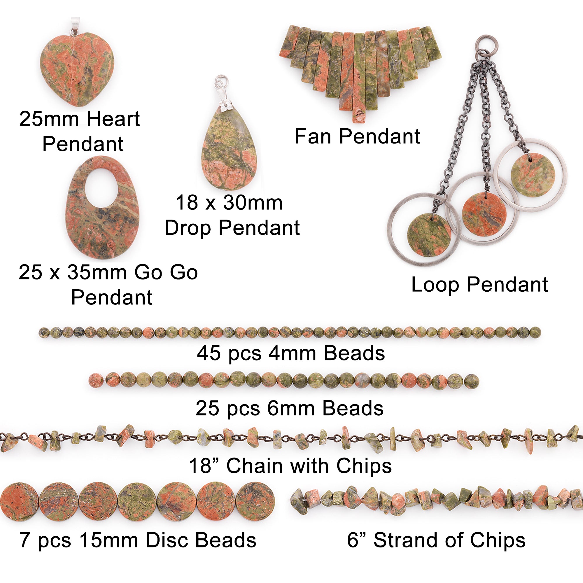 Unakite Natural Gemstone Beads and Pendants Collection - Value Pack - Multi Colors Jewelry Beads