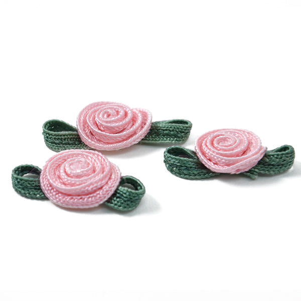 Rosette with Dark Green Leaves Pack of 3 Pink Appliques