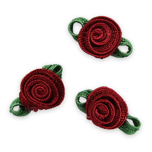 Rosette with Dark Green Leaves Pack of 3 Burgundy Appliques
