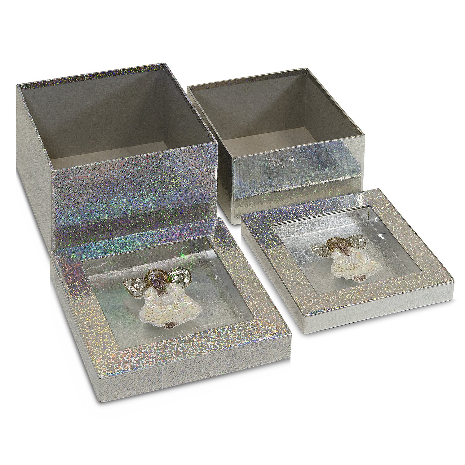 Hologram Gift Box Set with Decorative Angel Sequin Applique/Patch/ 2 Pc Set - Silver Boxes & Containers