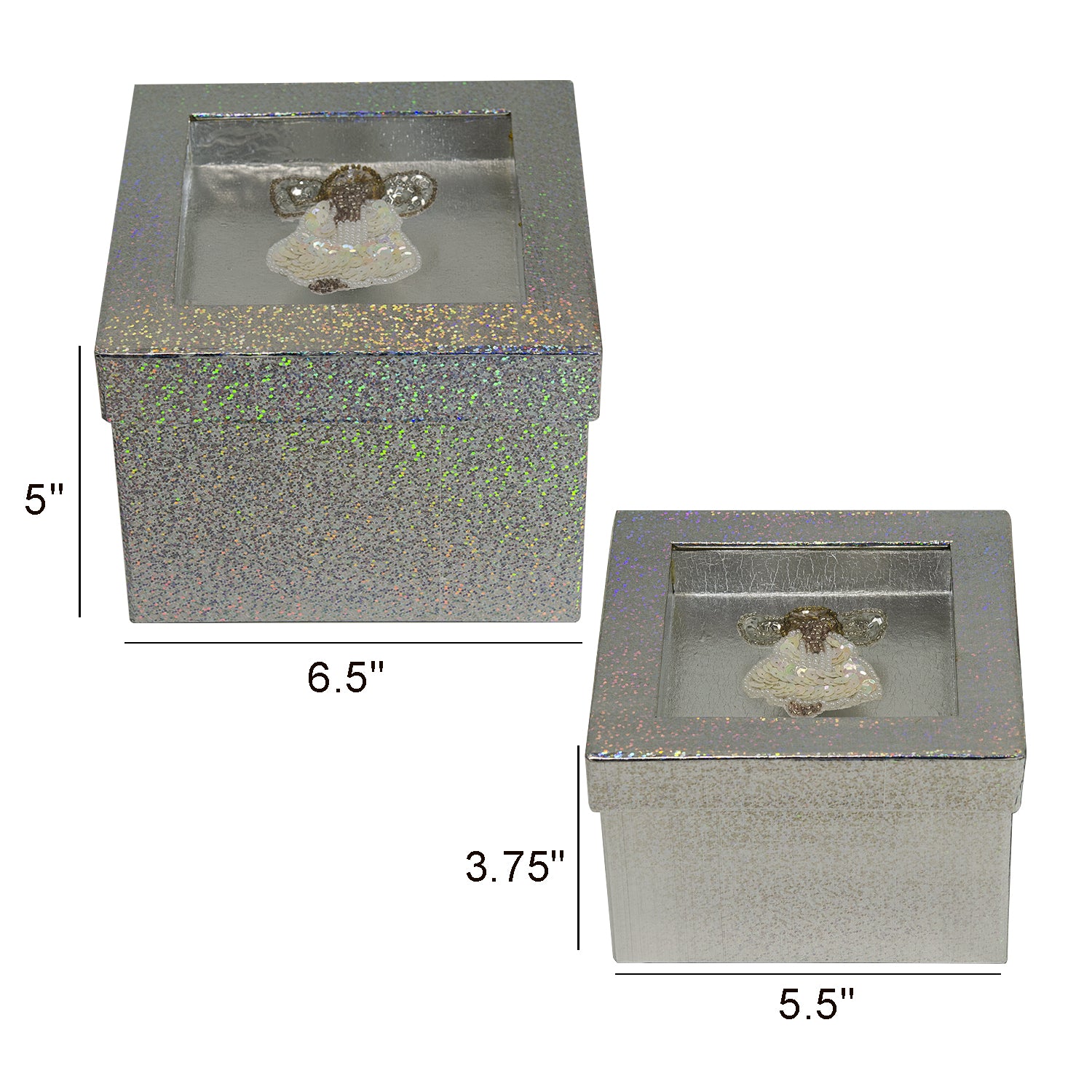 Hologram Gift Box Set with Decorative Angel Sequin Applique/Patch/ 2 Pc Set - Silver Boxes & Containers