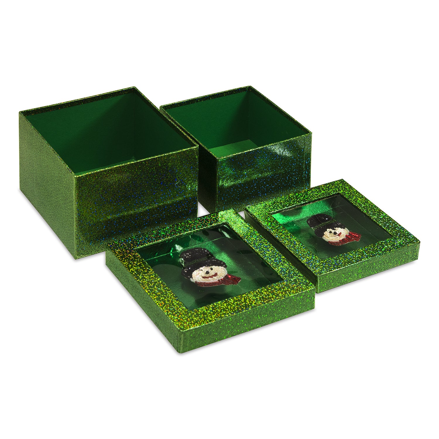 Hologram Gift Box Set with Decorative Snowman Sequin Applique/Patch - Green Boxes & Containers