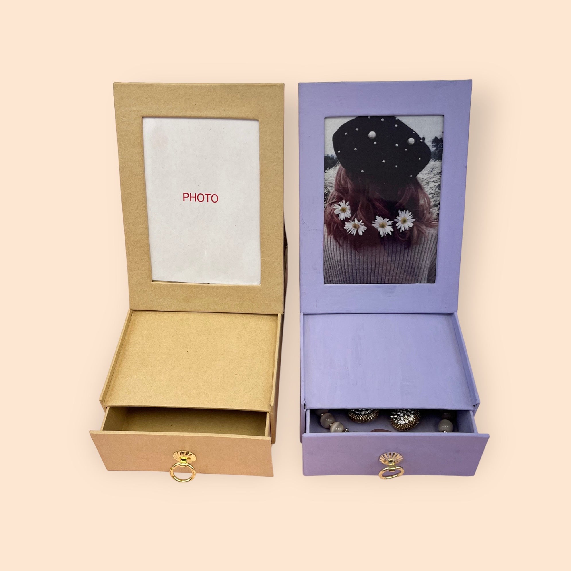 Jewelry Photo Box With Drawer and Gold Finish Pull - Natural Boxes & Containers