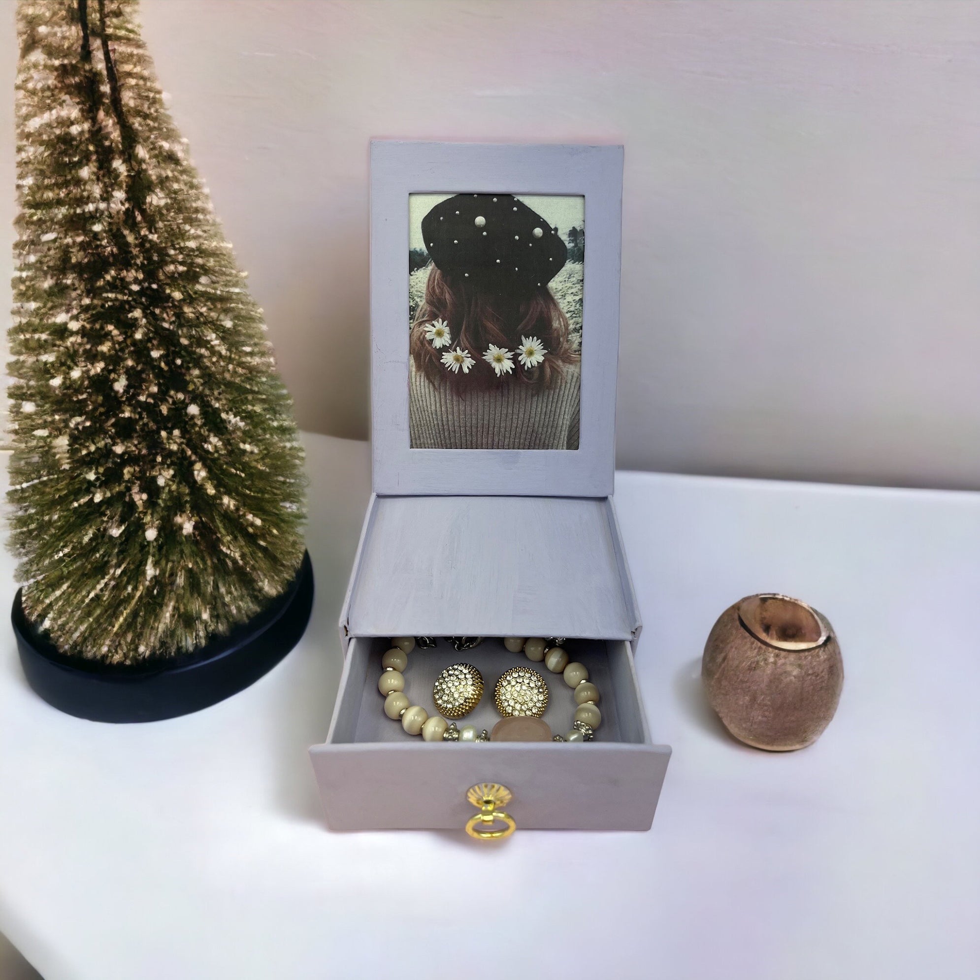 Jewelry Photo Box With Drawer and Gold Finish Pull - Natural Boxes & Containers