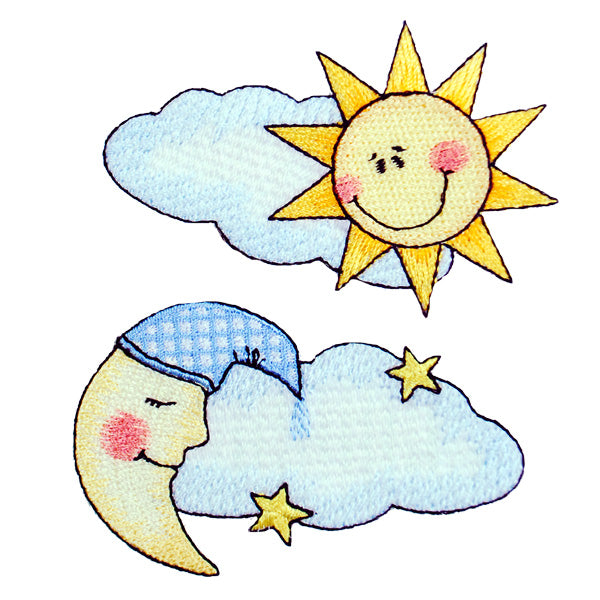 BaZooples Iron-on Patch Applique/Patch Moon Cloud and Sun Cloud Pack of 2 - Multi Colors Iron-on Embroidered Appliques