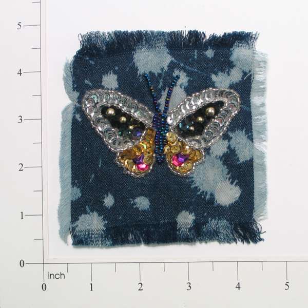 Butterfly Sequin on Denim Applique/Patch 4 1/4" x 4" - Multi Colors Appliques