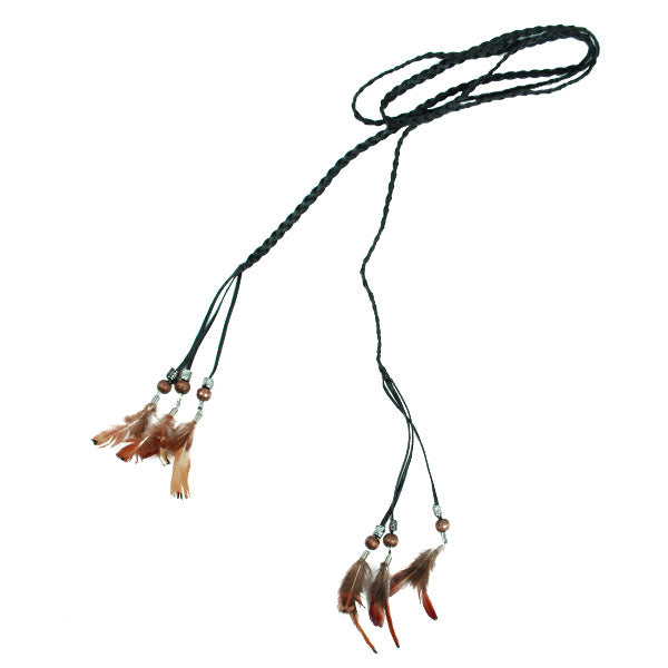 Feather & Bead Braided Fashion Tassel Tie - Black Accessories