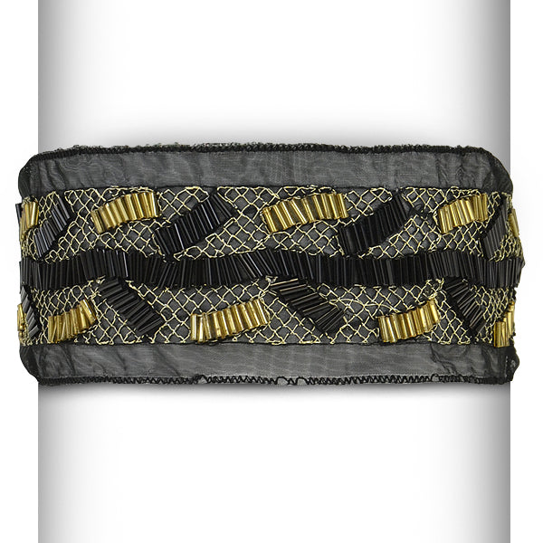 Metallic Net and Beaded Stretch Headband - Black/ Gold Accessories