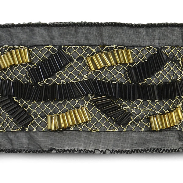 Metallic Net and Beaded Stretch Headband - Black/ Gold Accessories