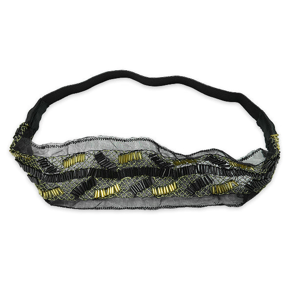 Metallic Net and Beaded Stretch Headband - Black/ Gold Accessories