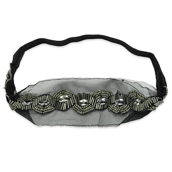 Metallic Bead and Net Stretch Headband - Silver Accessories