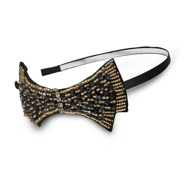 Bowtie Beaded Headband 4 1/2" X 2" - Gold/Black Accessories