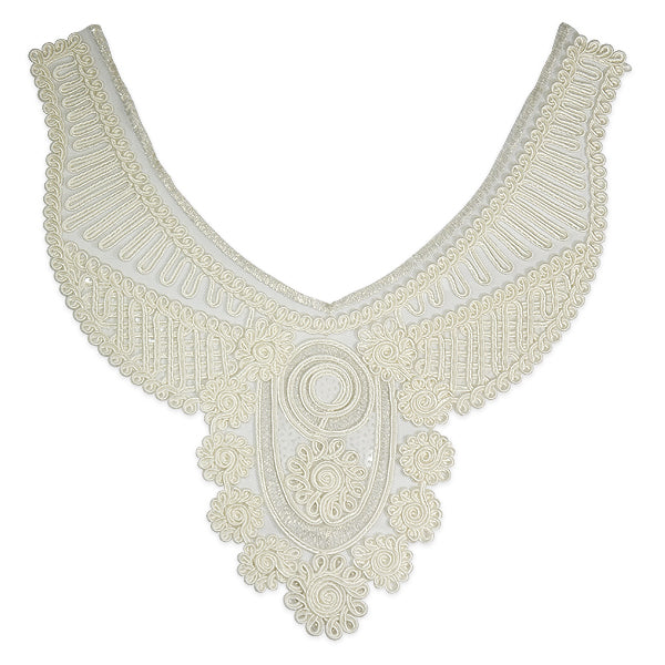 Moon Embroidery Venice Lace Collar 12 1/2" x 11" - Natural Lace, Ribbon & Pearl Appliques
