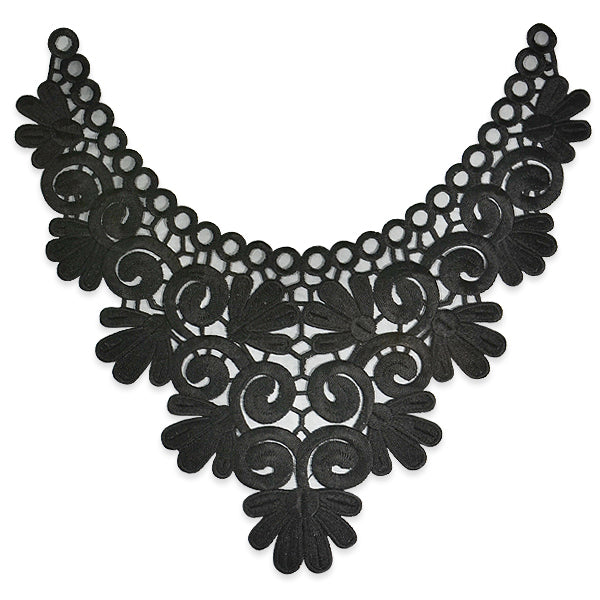 Edna Floral Embroidery Collar 12" X 10" Black Lace, Ribbon & Pearl Appliques