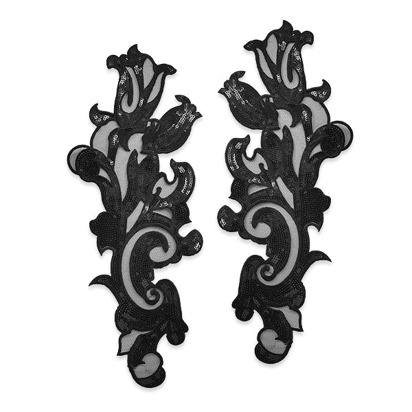 Britney Tulips & Swirls Applique/Patch Pack of 2 - Black Lace, Ribbon & Pearl Appliques