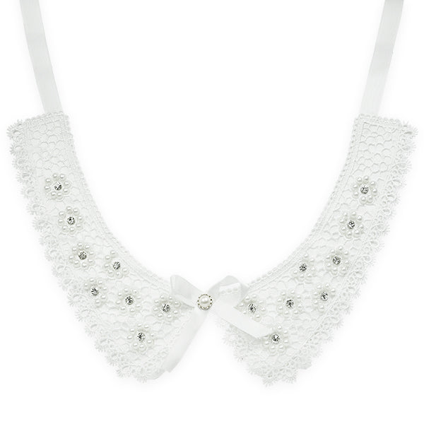 Lace Collar With Gold Flowers - White Lace, Ribbon & Pearl Appliques