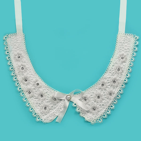 Lace Collar With Gold Flowers - White Lace, Ribbon & Pearl Appliques