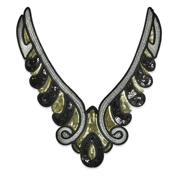 Glamorous Flourish Sequin Collar Applique 11" x 9"Sequin Collar - Gold Multi Lace, Ribbon & Pearl Appliques