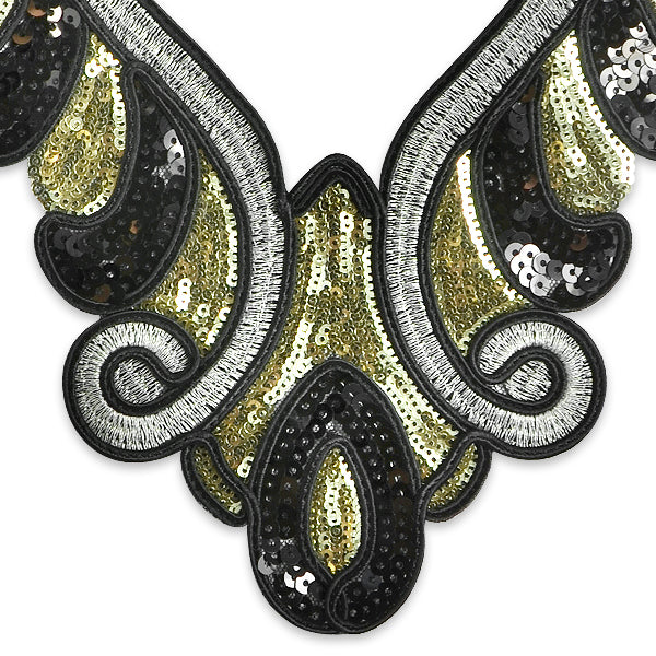 Glamorous Flourish Sequin Collar Applique 11" x 9"Sequin Collar - Gold Multi Lace, Ribbon & Pearl Appliques