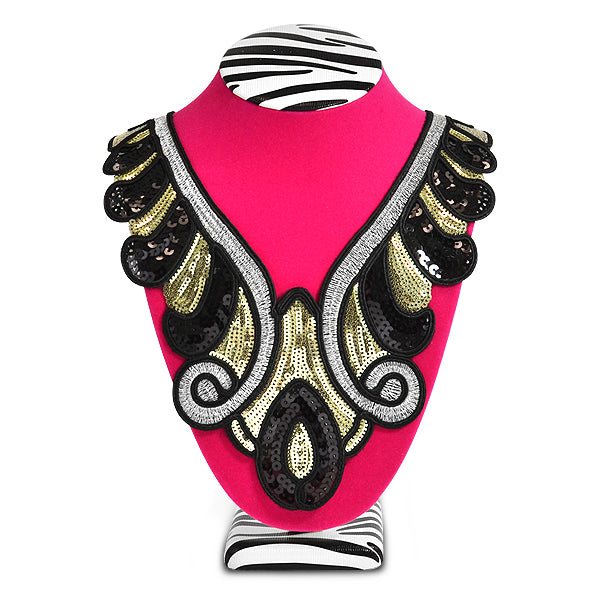 Glamorous Flourish Sequin Collar Applique 11" x 9"Sequin Collar - Gold Multi Lace, Ribbon & Pearl Appliques