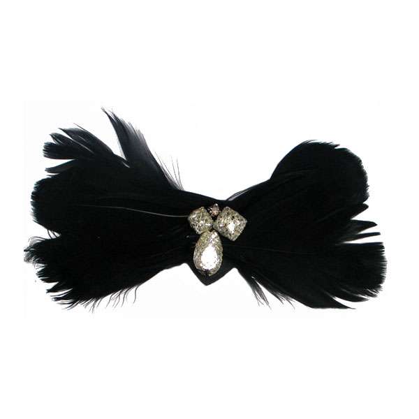 Feather Bow Brooch Pin Hair Clip Accessory with Crystal Gems Black Accessories