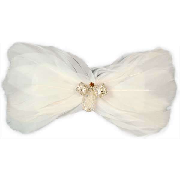 Feather Bow Brooch Pin Hair Clip Accessory with Crystal Gems White Accessories