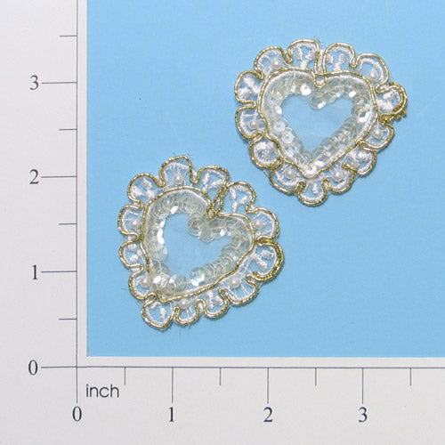 Lace D'oro Golden Heart Applique/Patch Pack of 2 - White Sequin & Beaded Appliques