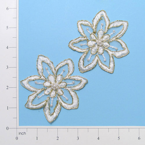Lace D'oro Star Flower Applique/Patch Pack of 2 - White Sequin & Beaded Appliques