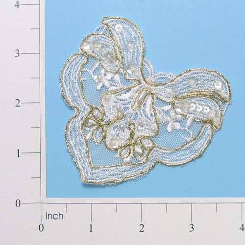 Lace D'oro Molly's Heart Applique/Patch - White Sequin & Beaded Appliques
