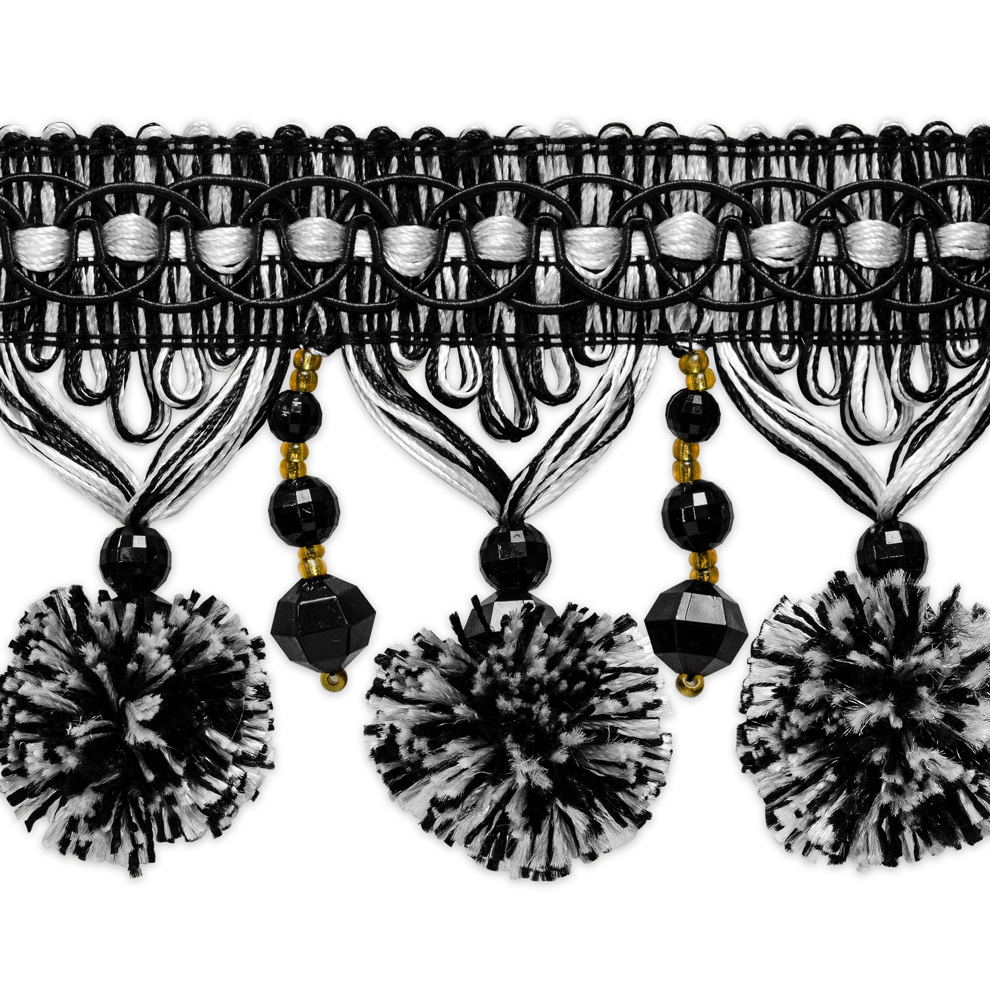Zoe Ball & Bead Tassel Fringe (Sold by the Yard) Black White Trims & Fringes